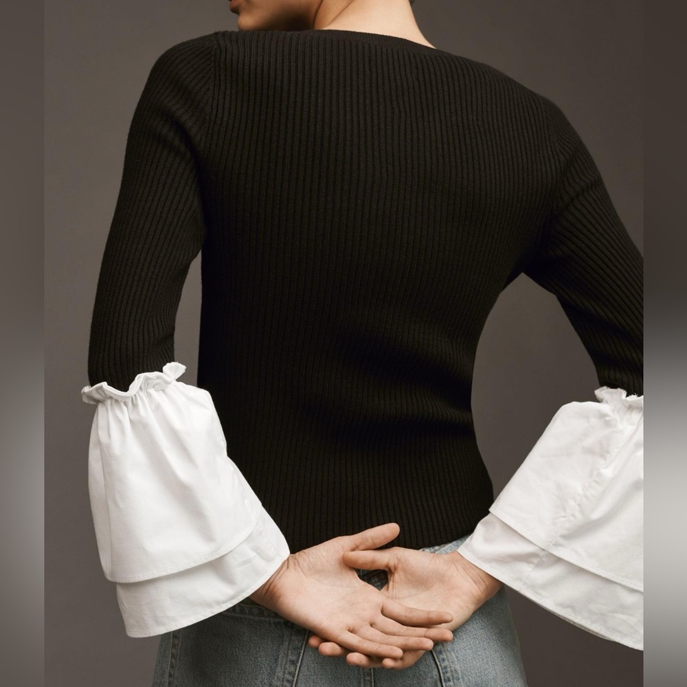 Anthropologie Black Ribbed Top with White Bell Sleeves